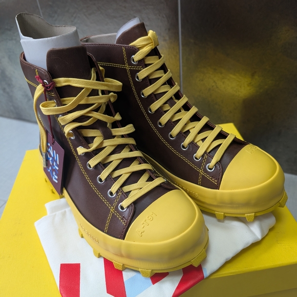 Camper Lace-Up Traktori Leather Lug Sole Boots in Brown and Yellow - Picture 2 of 10